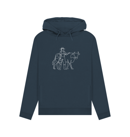 Navy Blue Women's Cow Organic Cotton Pullover Hoodie (White)