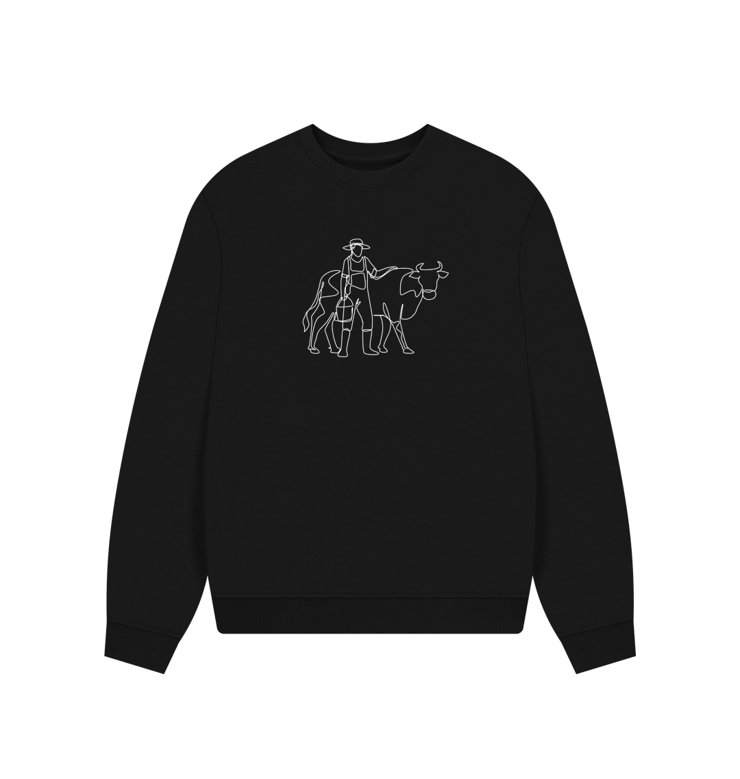 Black Women's Cow Organic Cotton Oversized Crewneck - White Design