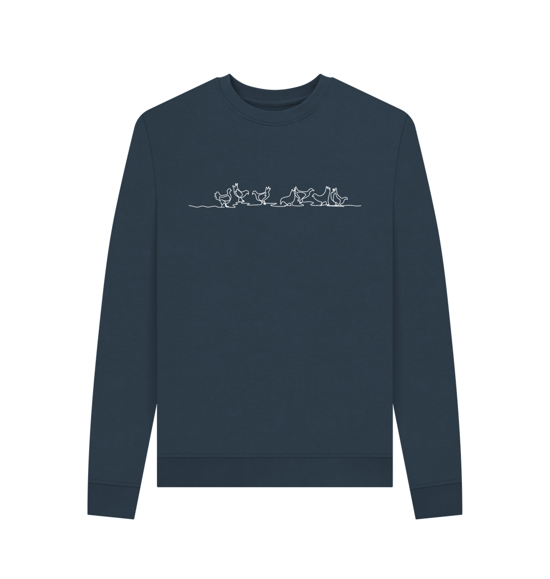 Navy Blue Women's Chickens Organic Cotton Crewneck Sweater (White)