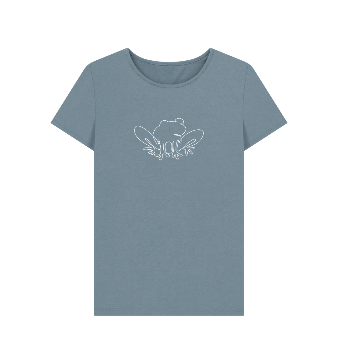 Stone Blue Women's Frog Organic Cotton Crewneck Tee (White)