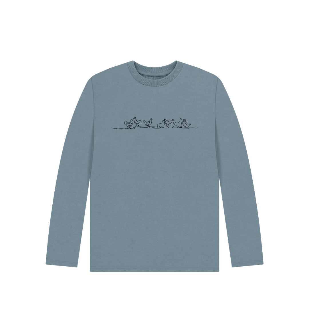 Stone Blue Kid's Chickens Organic Cotton Long Sleeve Tee (Black)