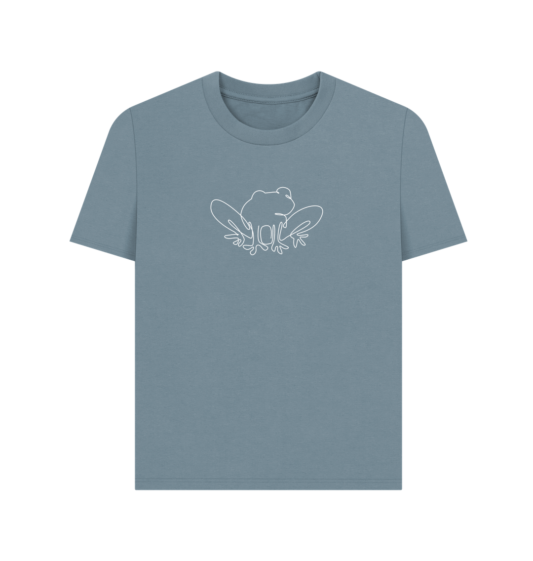 Stone Blue Women's Frog Organic Cotton Basic Tee (White)