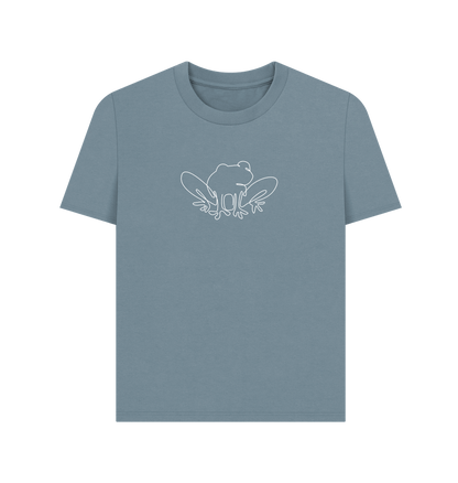 Stone Blue Women's Frog Organic Cotton Basic Tee (White)