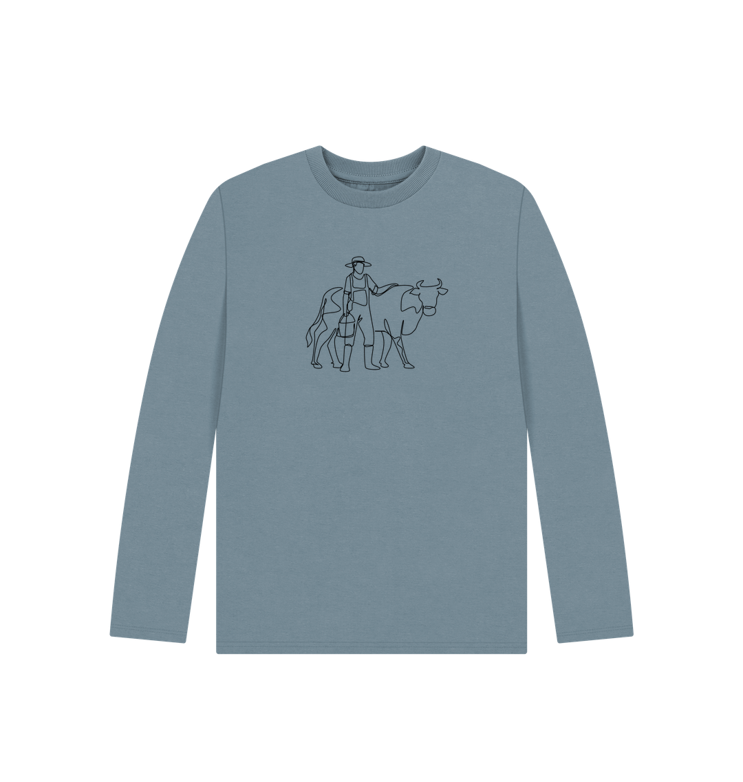 Stone Blue Kid's Cow Organic Cotton Long Sleeve Tee (Black)