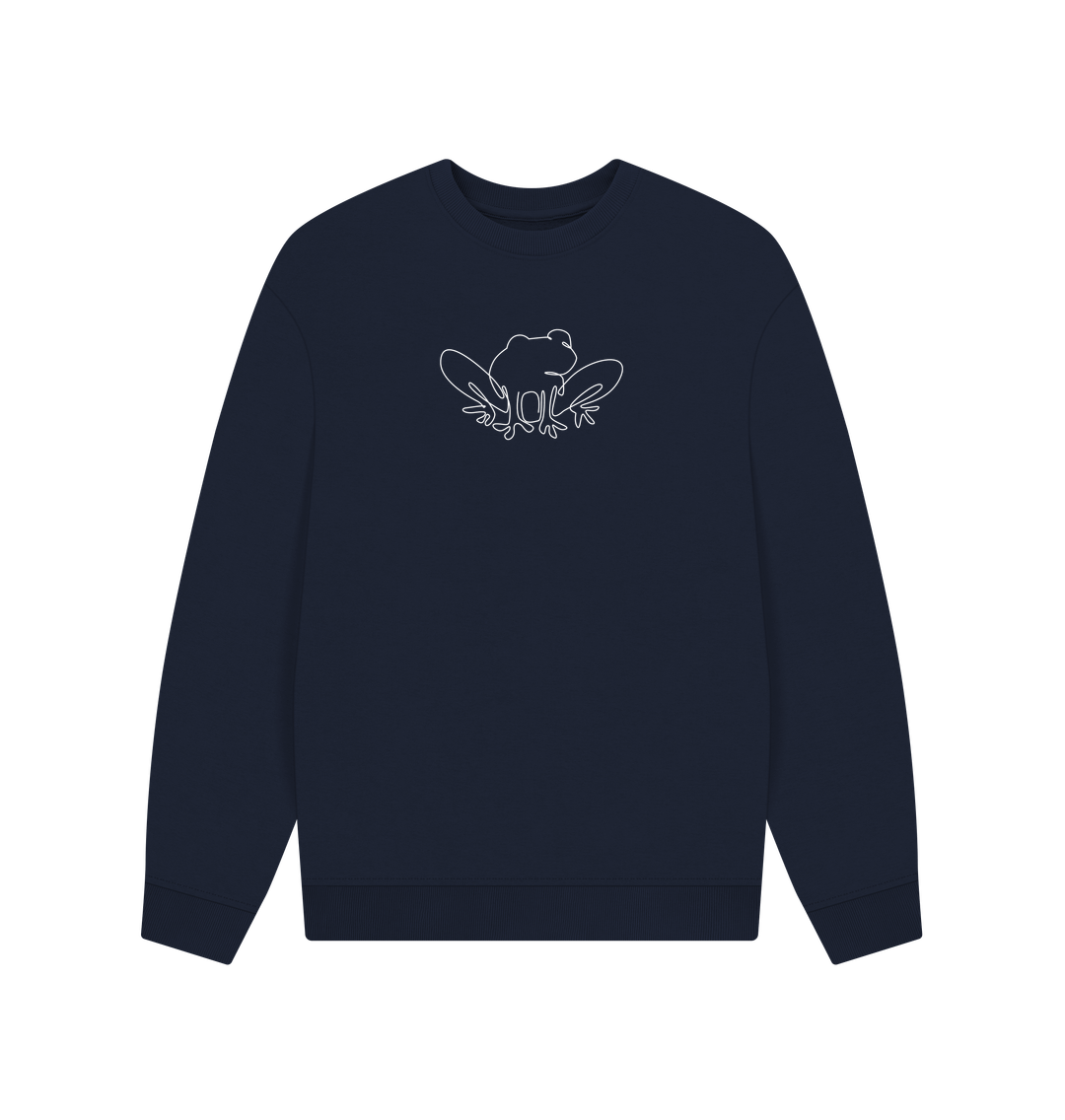 Navy Blue Men's Frog Organic Cotton Oversized Crewneck - White Design