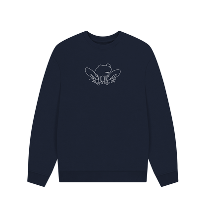 Navy Blue Men's Frog Organic Cotton Oversized Crewneck - White Design