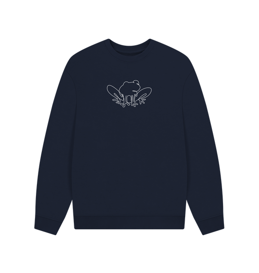 Navy Blue Men's Frog Organic Cotton Oversized Crewneck - White Design