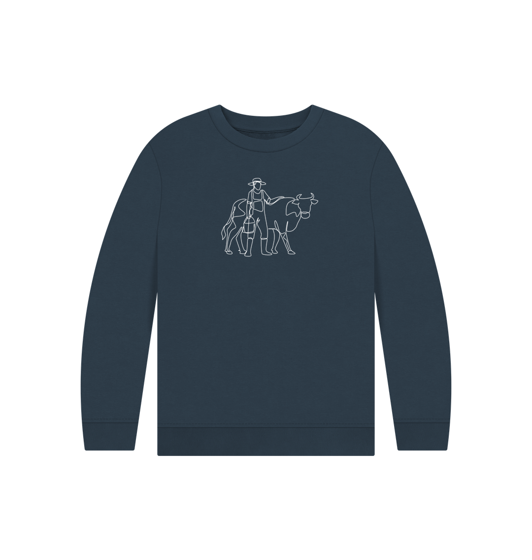 Navy Blue Kid's Cow Organic Cotton Crewneck Sweater (White)