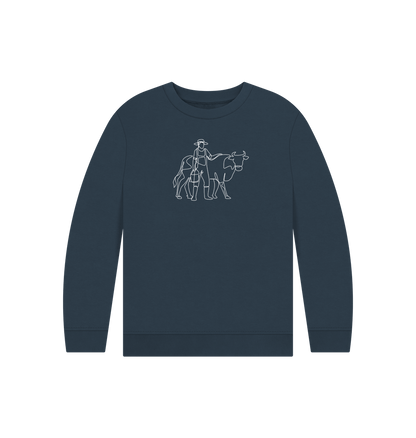 Navy Blue Kid's Cow Organic Cotton Crewneck Sweater (White)