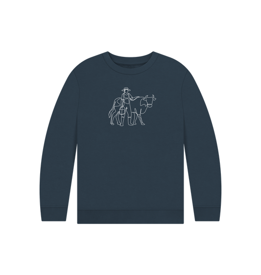 Navy Blue Kid's Cow Organic Cotton Crewneck Sweater (White)