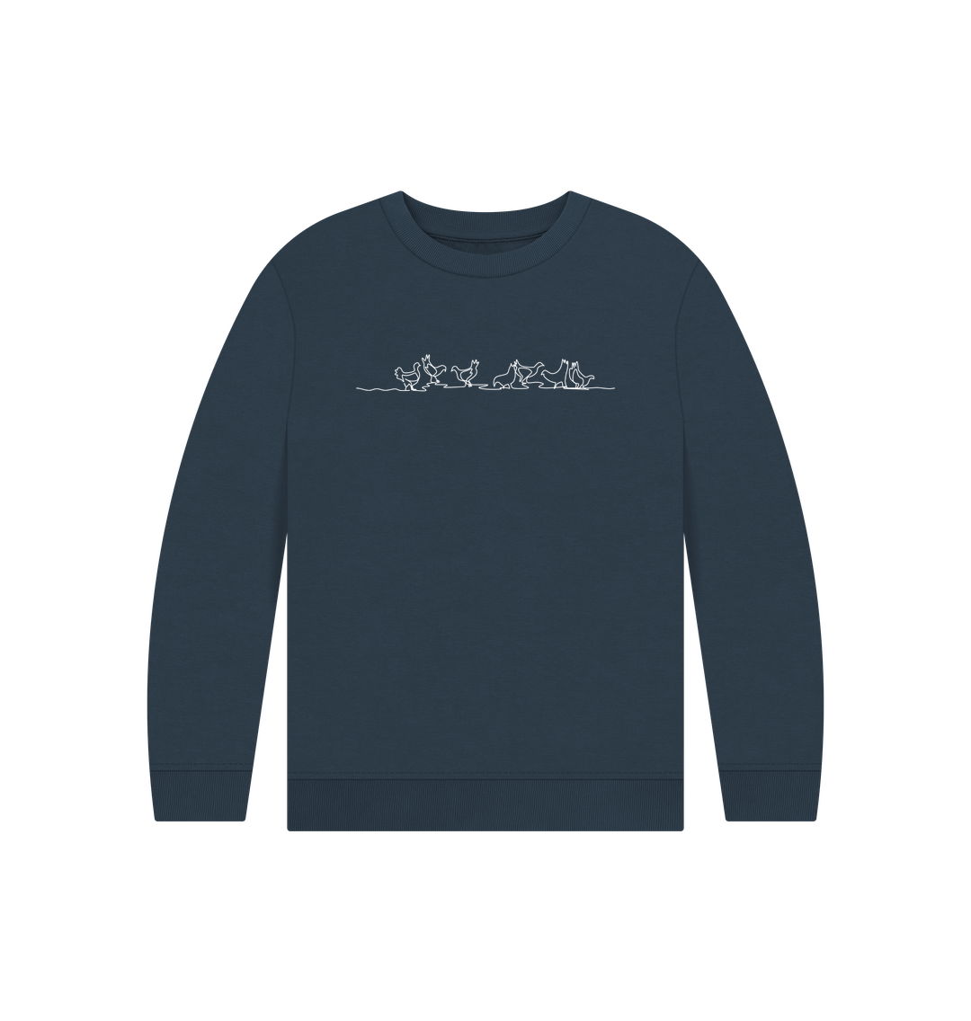 Navy Blue Kid's Chickens Organic Cotton Crewneck Sweater (White)