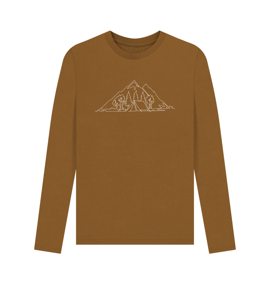 Brown Men's Camping Organic Cotton Long Sleeve Tee - White Design