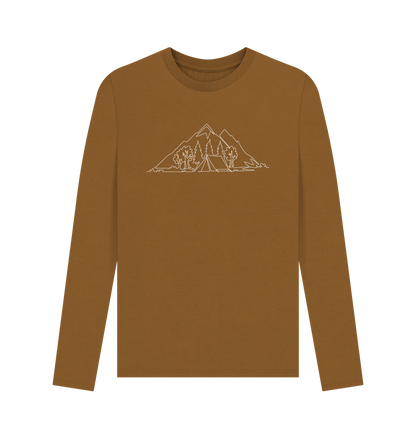 Brown Men's Camping Organic Cotton Long Sleeve Tee - White Design