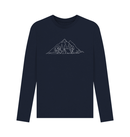 Navy Blue Men's Camping Organic Cotton Long Sleeve Tee (White)