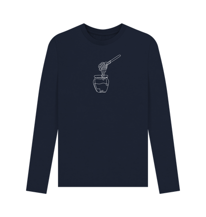 Navy Blue Men's Honey Organic Cotton Long Sleeve Tee - White Design