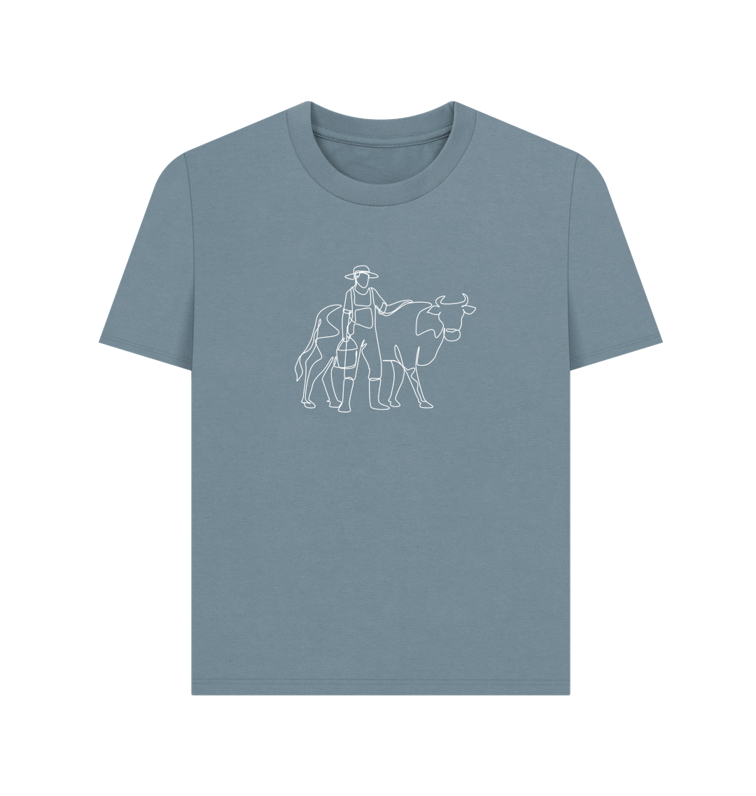 Stone Blue Women's Cow Organic Cotton Basic Tee (White)