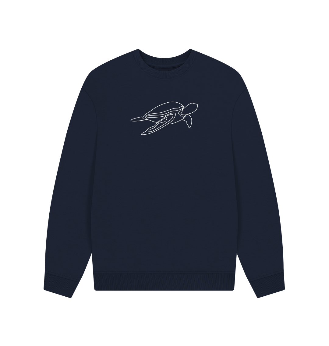 Navy Blue Men's Sea Turtle Organic Cotton Oversized Crewneck - White Design