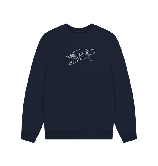 Navy Blue Men's Sea Turtle Organic Cotton Oversized Crewneck - White Design