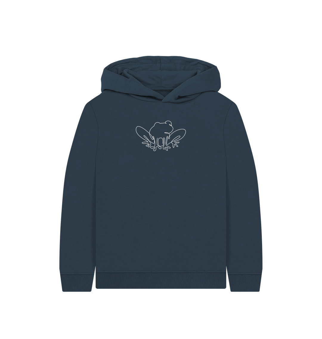 Navy Blue Kid's Frog Organic Cotton Pullover Hoodie (White)