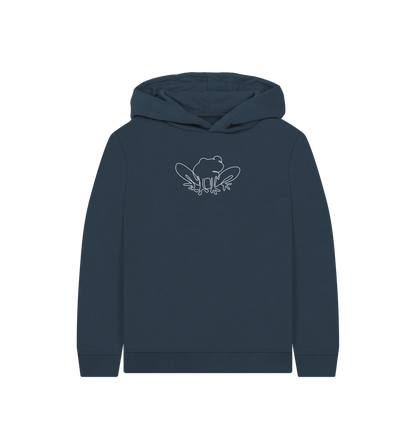 Navy Blue Kid's Frog Organic Cotton Pullover Hoodie (White)