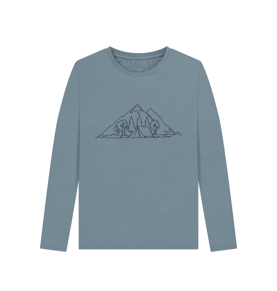 Stone Blue Women's Camping Organic Cotton Long Sleeve Tee (Black)