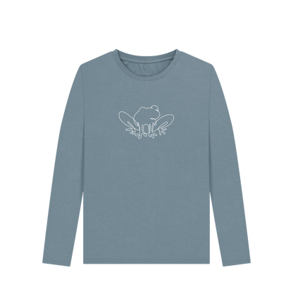 Stone Blue Women's Frog Organic Cotton Long Sleeve Tee (White)