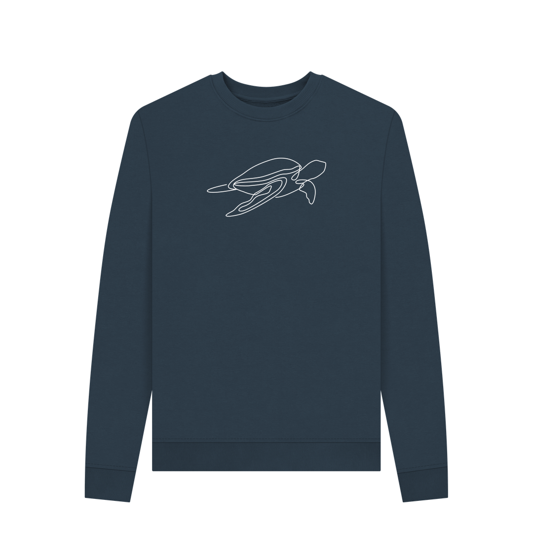 Navy Blue Women's Sea Turtle Organic Cotton Crewneck Sweater (White)