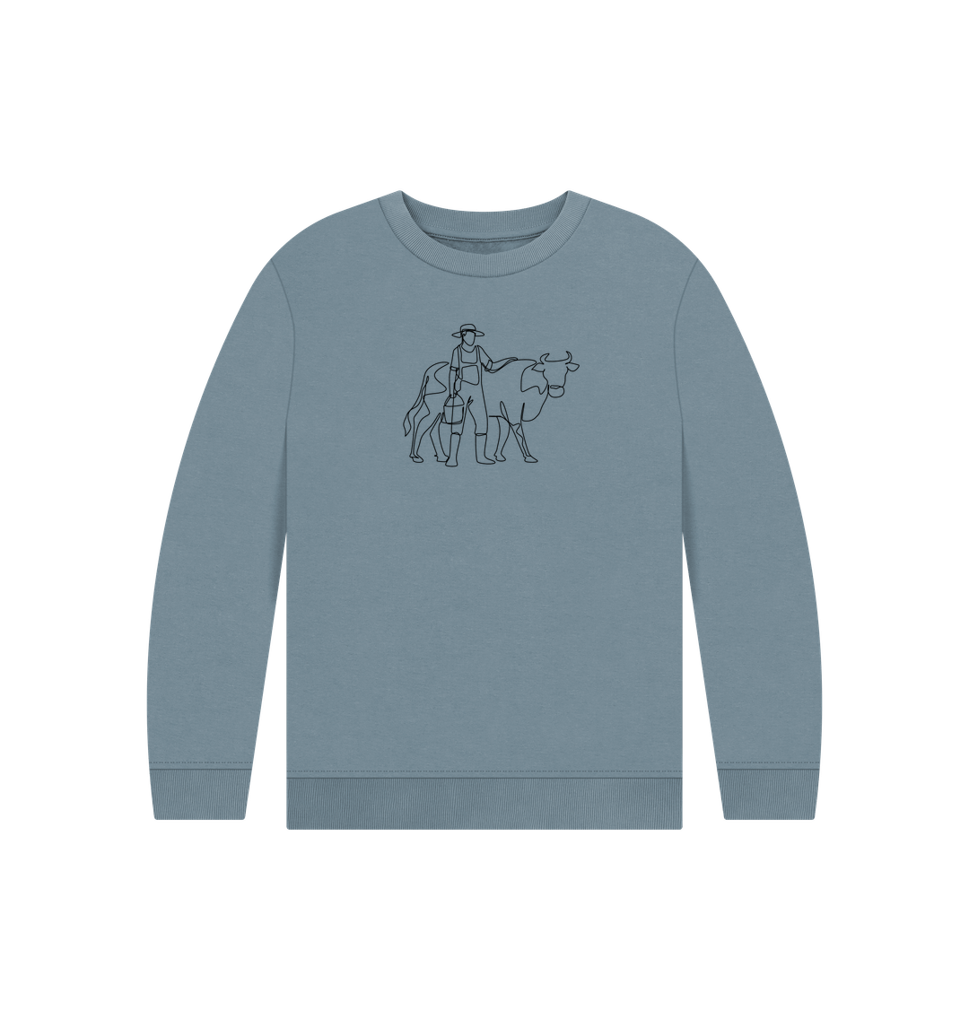 Stone Blue Kid's Cow Organic Cotton Crewneck Sweater (Black)