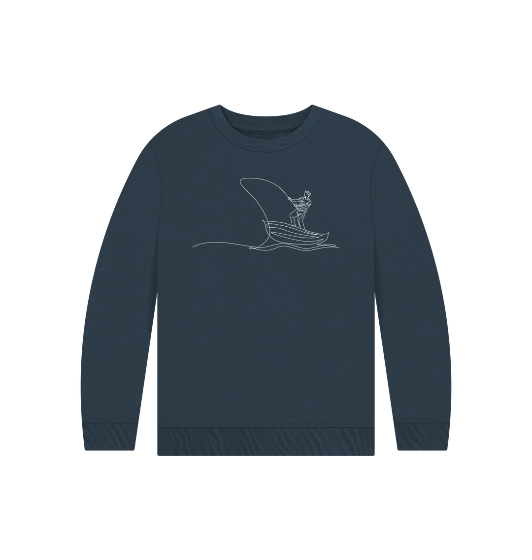 Navy Blue Kid's Fisherman Organic Cotton Crewneck Sweater (White)