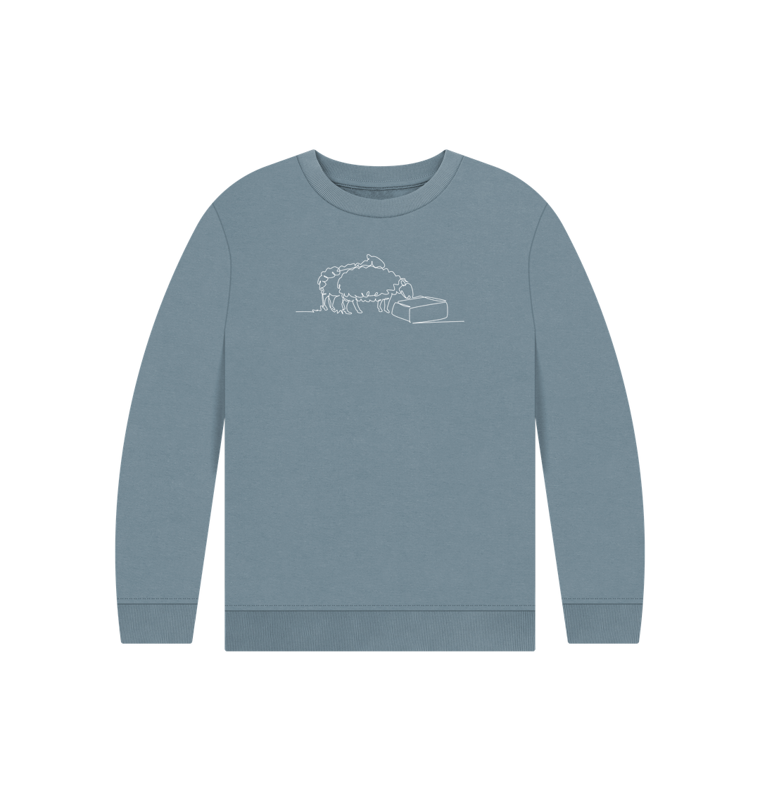 Stone Blue Kid's Sheep Organic Cotton Crewneck Sweater (White)