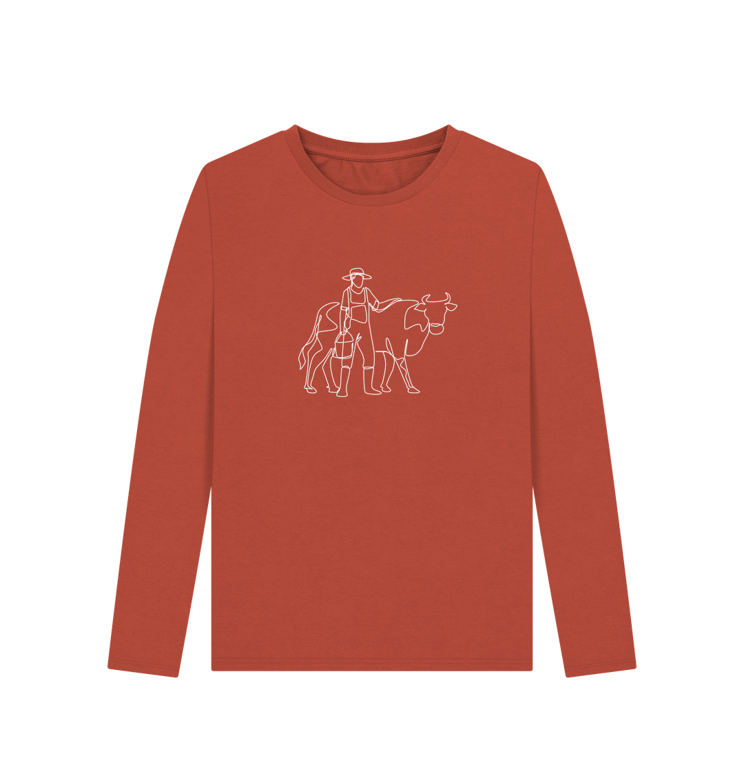 Rust Women's Cow Organic Cotton Long Sleeve Tee (White)