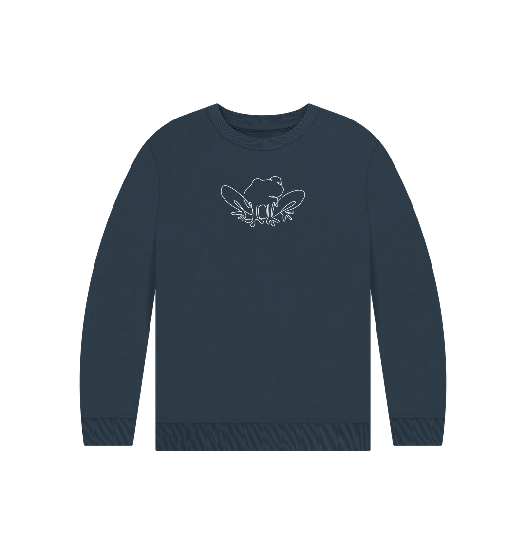 Navy Blue Kid's Frog Organic Cotton Crewneck Sweater (White)