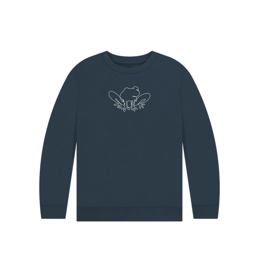 Navy Blue Kid's Frog Organic Cotton Crewneck Sweater (White)