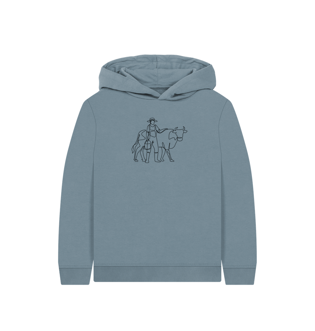 Stone Blue Kid's Cow Organic Cotton Pullover Hoodie (Black)