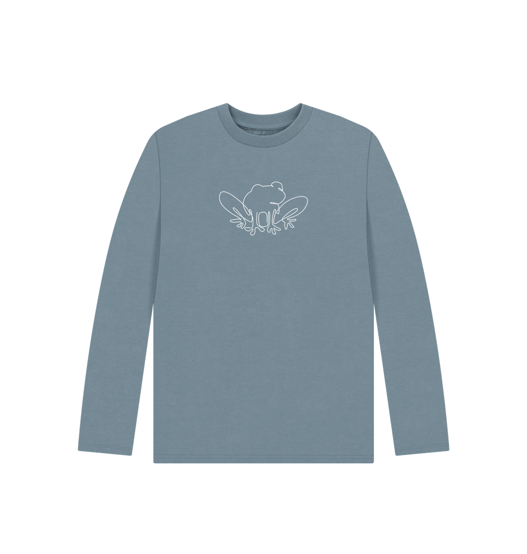 Stone Blue Kid's Frog Organic Cotton Long Sleeve Tee (White)