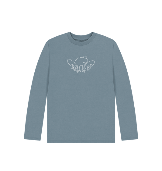 Stone Blue Kid's Frog Organic Cotton Long Sleeve Tee (White)