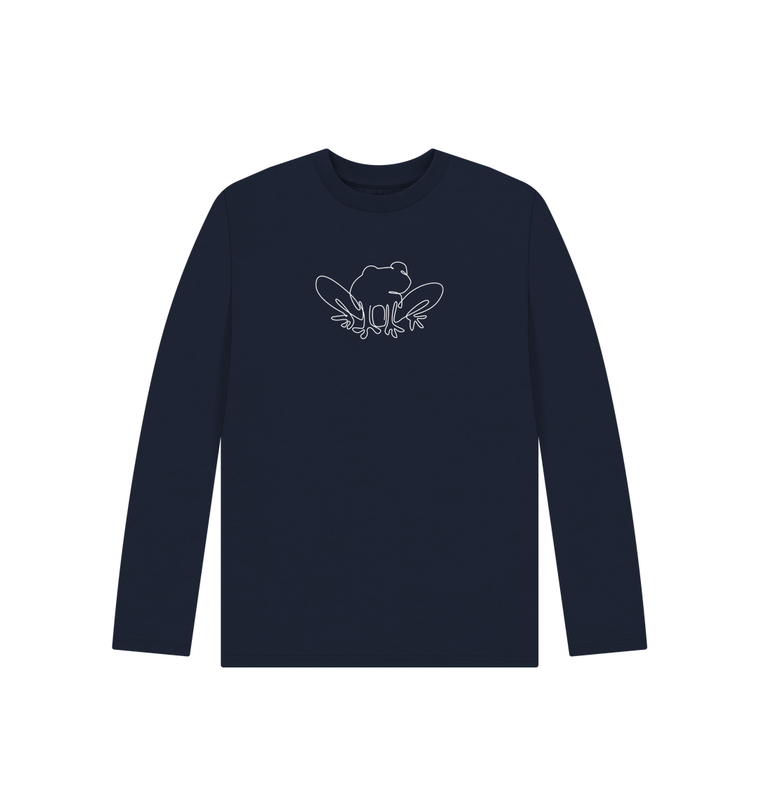 Navy Blue Kid's Frog Organic Cotton Long Sleeve Tee (White)