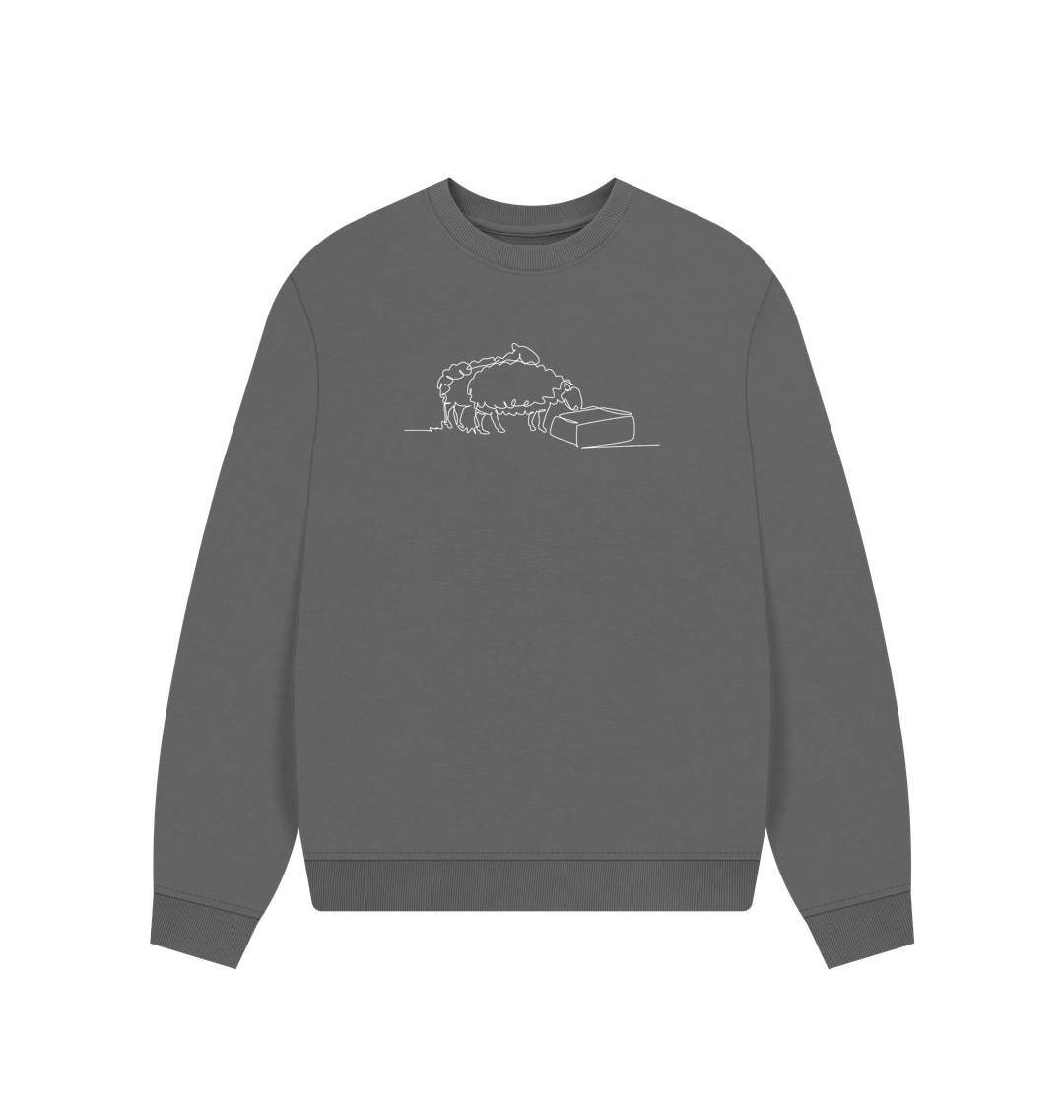 Slate Grey Women's Sheep Organic Cotton Oversized Crewneck - White Design