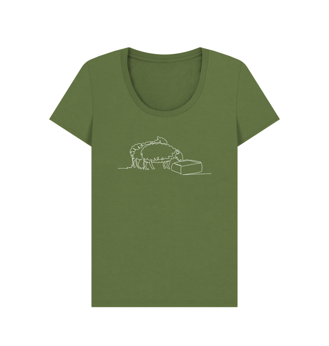 Khaki Women's Sheep Organic Cotton Scoop Neck Tee (White)