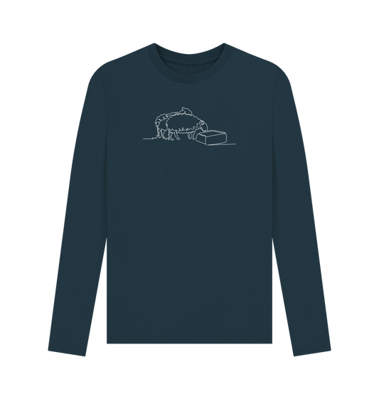 Denim Blue Men's Sheep Organic Cotton Long Sleeve Tee - White Design