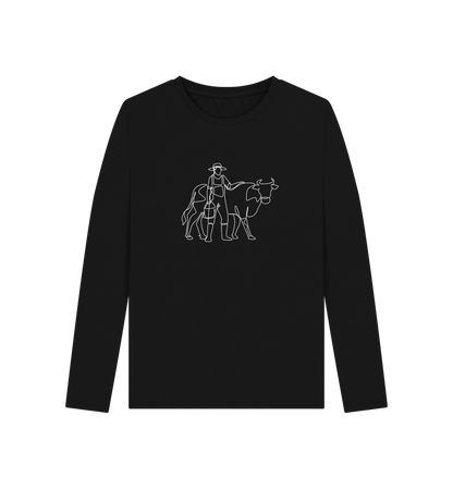 Black Women's Cow Organic Cotton Long Sleeve Tee (White)