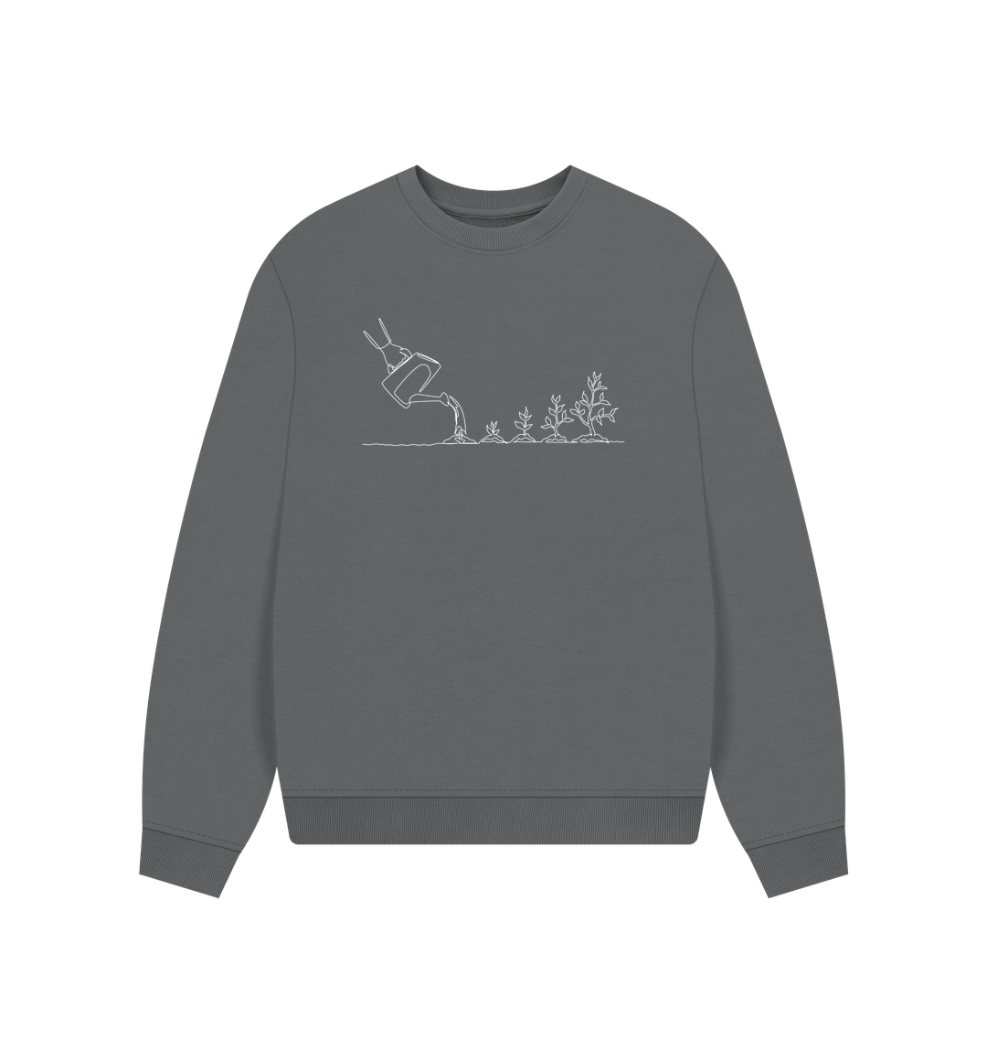 Slate Grey Women's Gardening Organic Cotton Oversized Crewneck - White Design