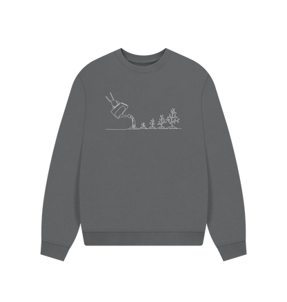 Slate Grey Women's Gardening Organic Cotton Oversized Crewneck - White Design