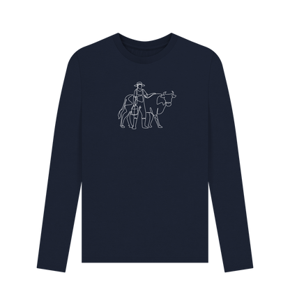 Navy Blue Men's Cow Organic Cotton Long Sleeve Tee (White)