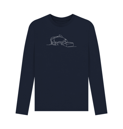 Navy Blue Men's Sheep Organic Cotton Long Sleeve Tee (White)