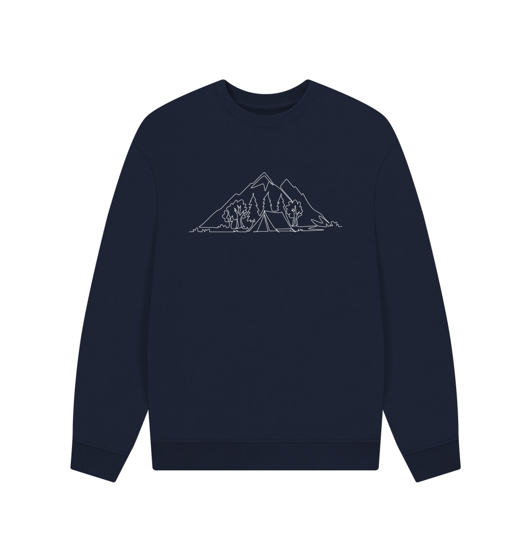 Navy Blue Men's Camping Organic Cotton Oversized Crewneck - White Design