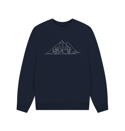 Navy Blue Men's Camping Organic Cotton Oversized Crewneck - White Design