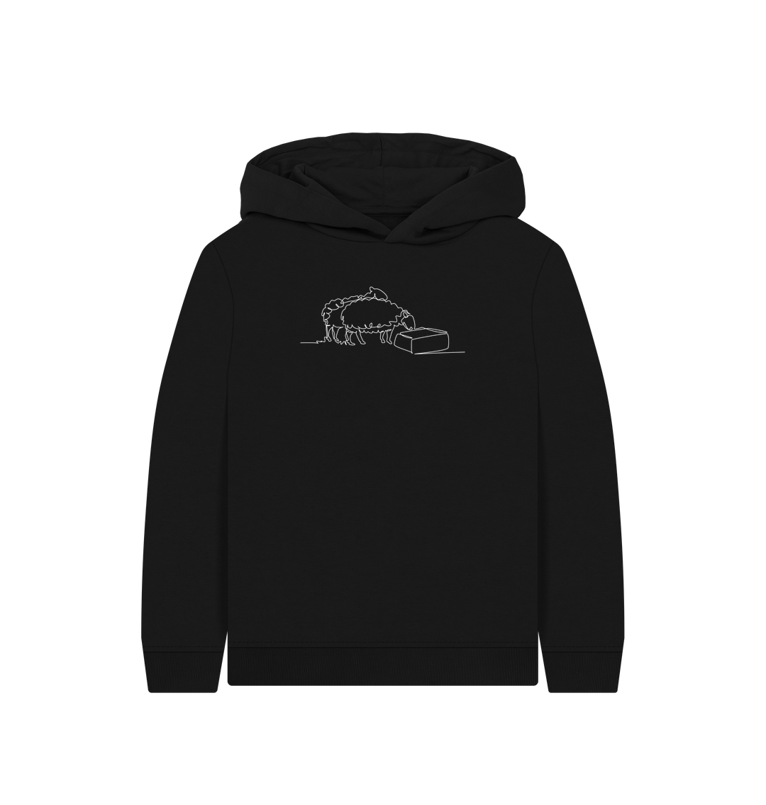 Black Kid's Sheep Organic Cotton Pullover Hoodie (White)