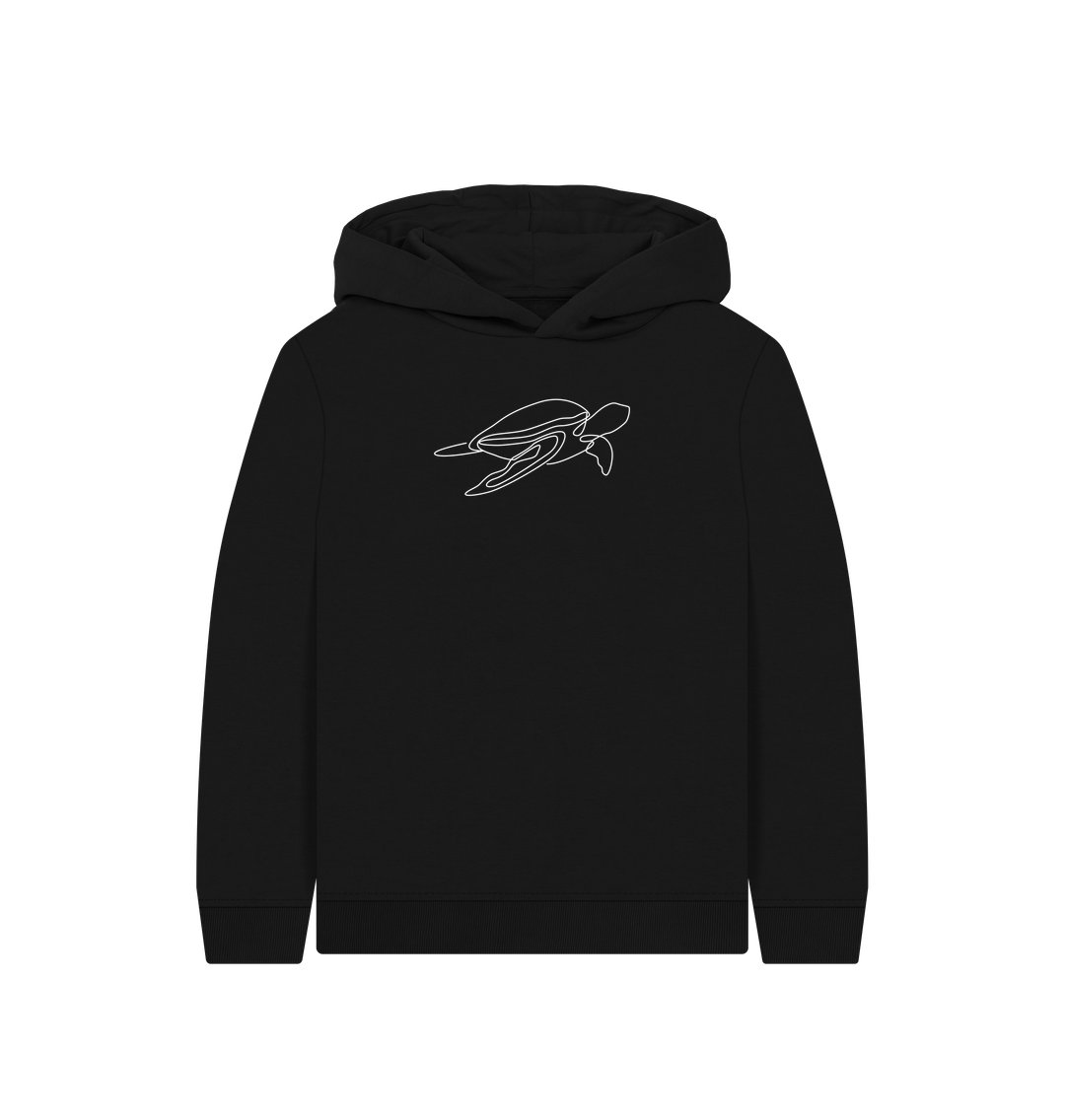 Black Kid's Sea Turtle Organic Cotton Pullover Hoodie (White)