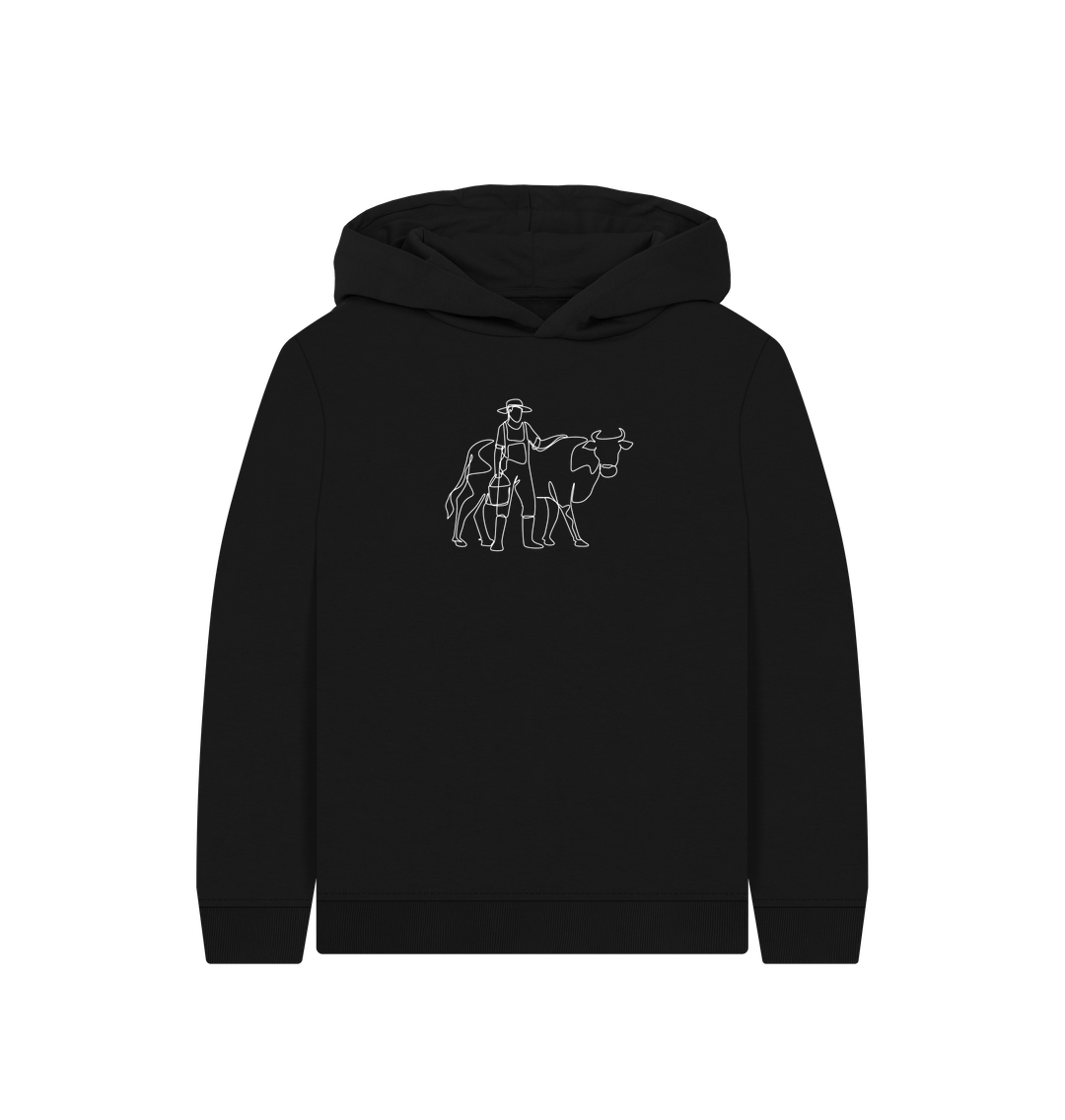 Black Kid's Cow Organic Cotton Pullover Hoodie (White)